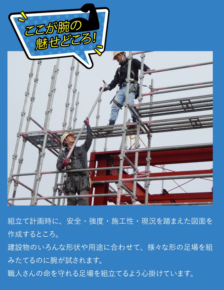 ここが腕の見せどころ！組立て計画時に、安全・強度・施工性・現況を踏まえた図面を作成するところ。 建設物のいろんな形状や用途に合わせて、様々な形の足場を組みたてるのに腕が試されます。 職人さんの命を守れる足場を組立てるよう心掛けています。